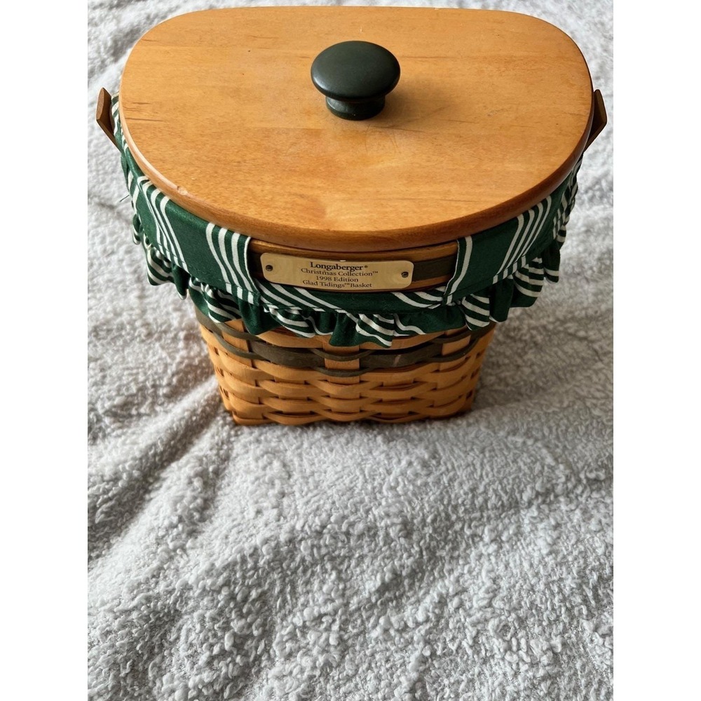 1998 Longaberger Glad Tidings Christmas Basket, Liner, Protector, Green Weave